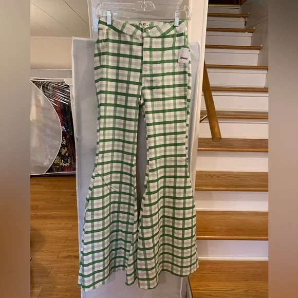 Free People We The Free Just Float On Flare Jean Extreme Gingham Mint - Picture 3 of 7